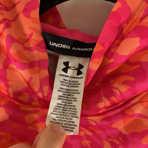 Under Armour Hoodie Girls Youth Medium Pink Orange Camo Pockets Pullover - Picture 6 of 9
